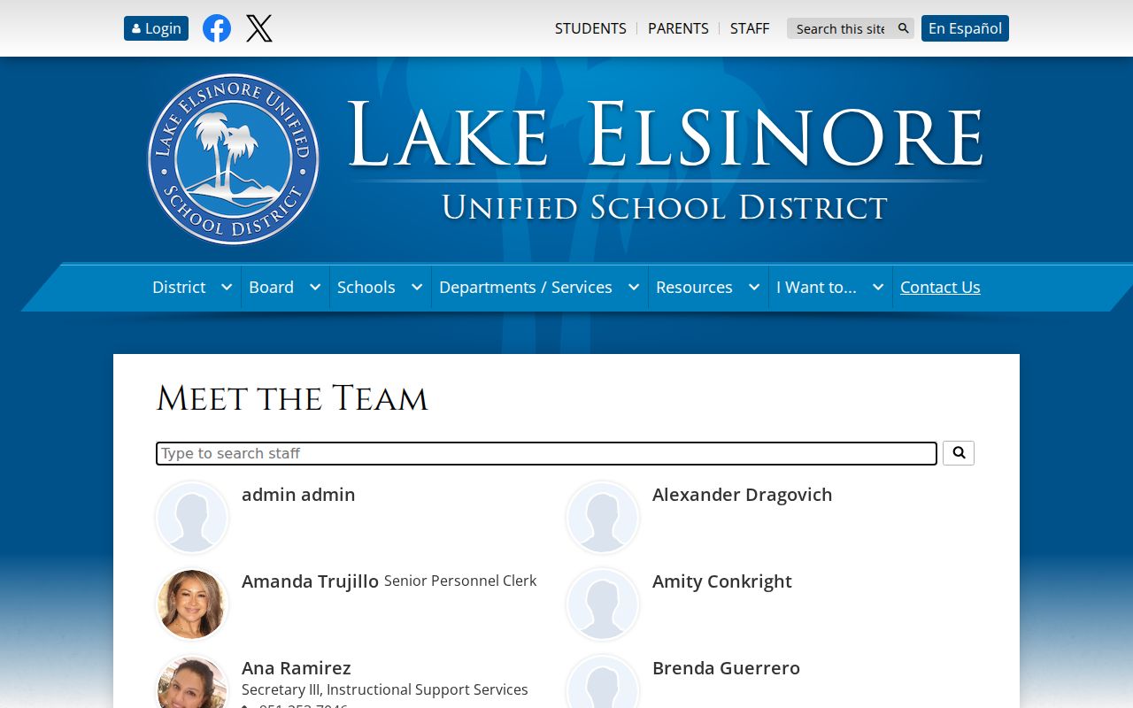 Lake Elsinore people directories page for LEUSD staff