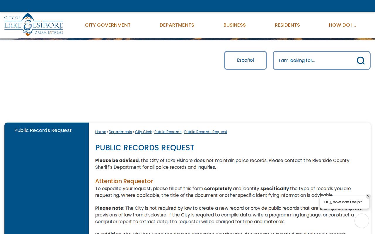 Lake Elsinore public records request procedure and response rules