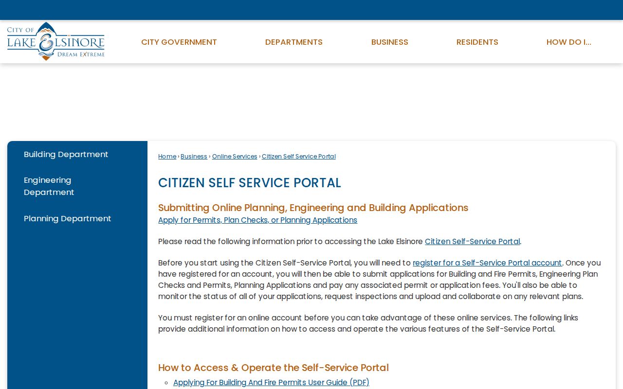 Lake Elsinore public records Citizen Self-Service permit portal
